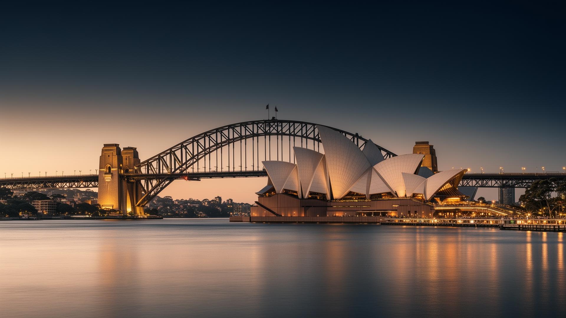 Sydney Harbour Bridge and Opera House at dusk